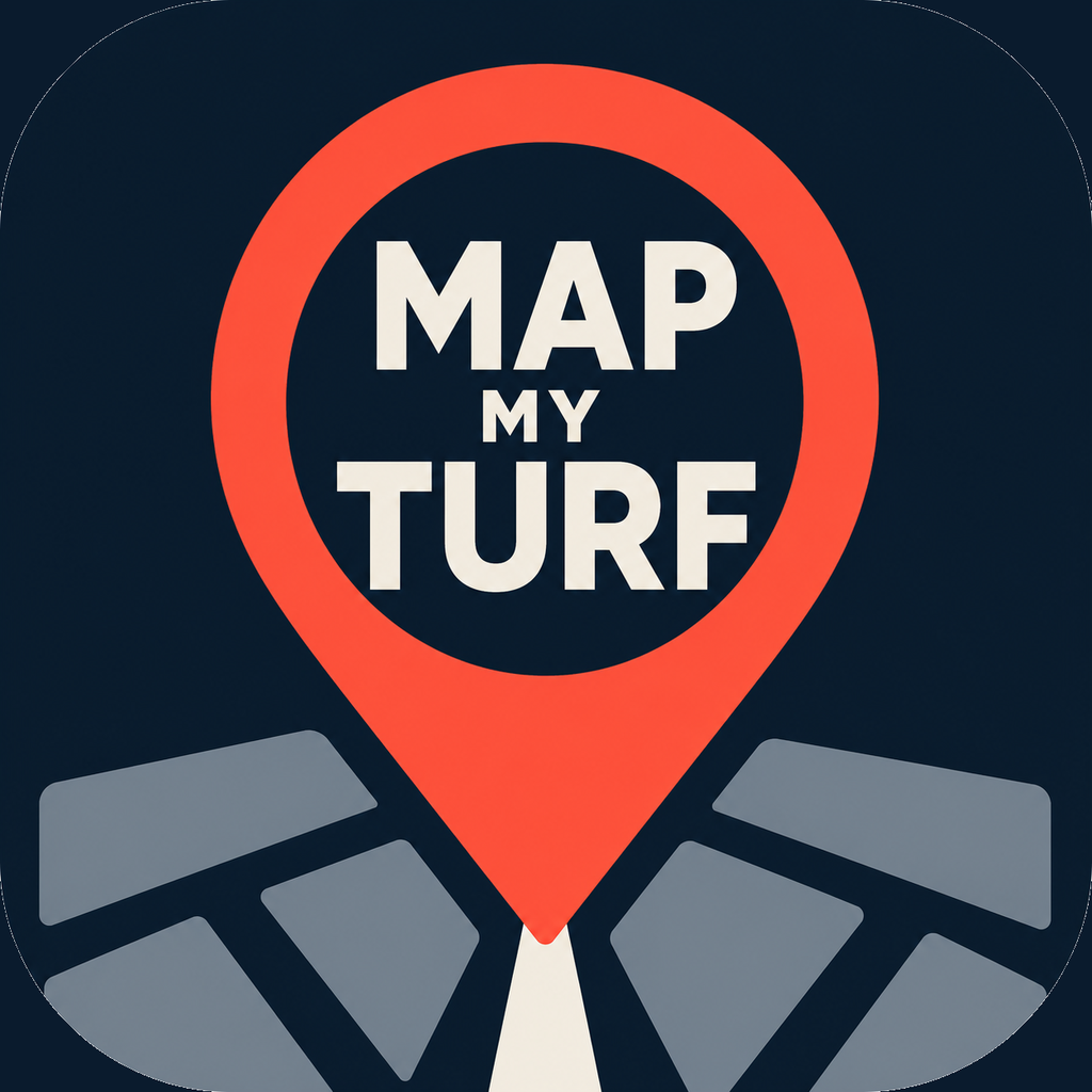 The MapMyTurf logo — a red map pin standing on a road between city blocks