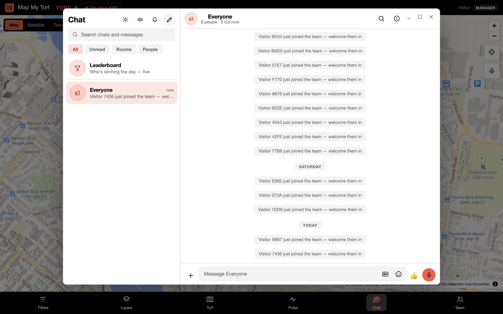 The built-in crew chat open beside the map, with channels down the left and the day's messages in the thread