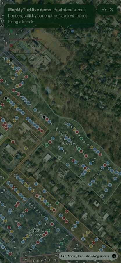 Logging a knock on a phone: the map dims and the six outcome buttons — sold, call back, not home, not interested, can't access, do not knock — appear