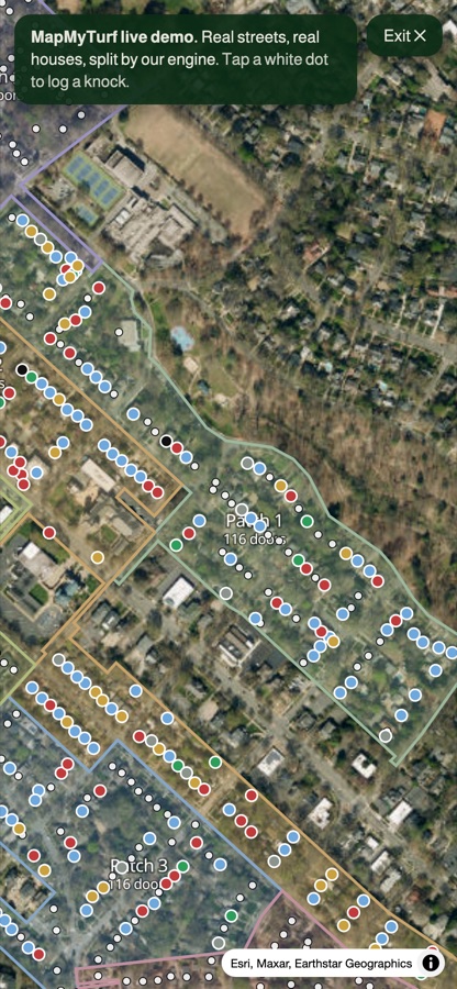 The MapMyTurf map on a phone: satellite view with colour-coded knock pins and patch outlines
