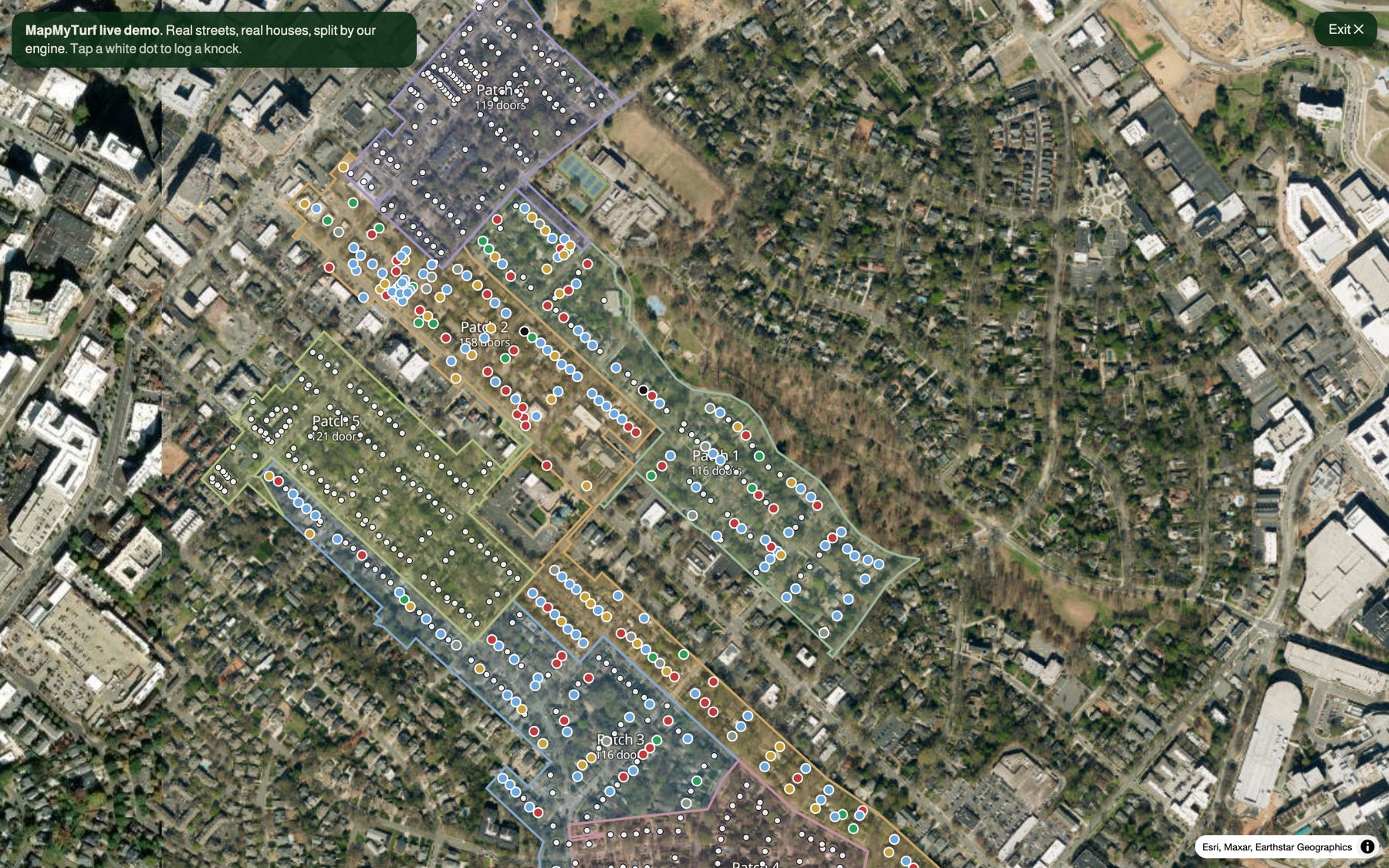 A real neighbourhood in Charlotte split into six colour-outlined patches, each labelled with its door count, over satellite imagery