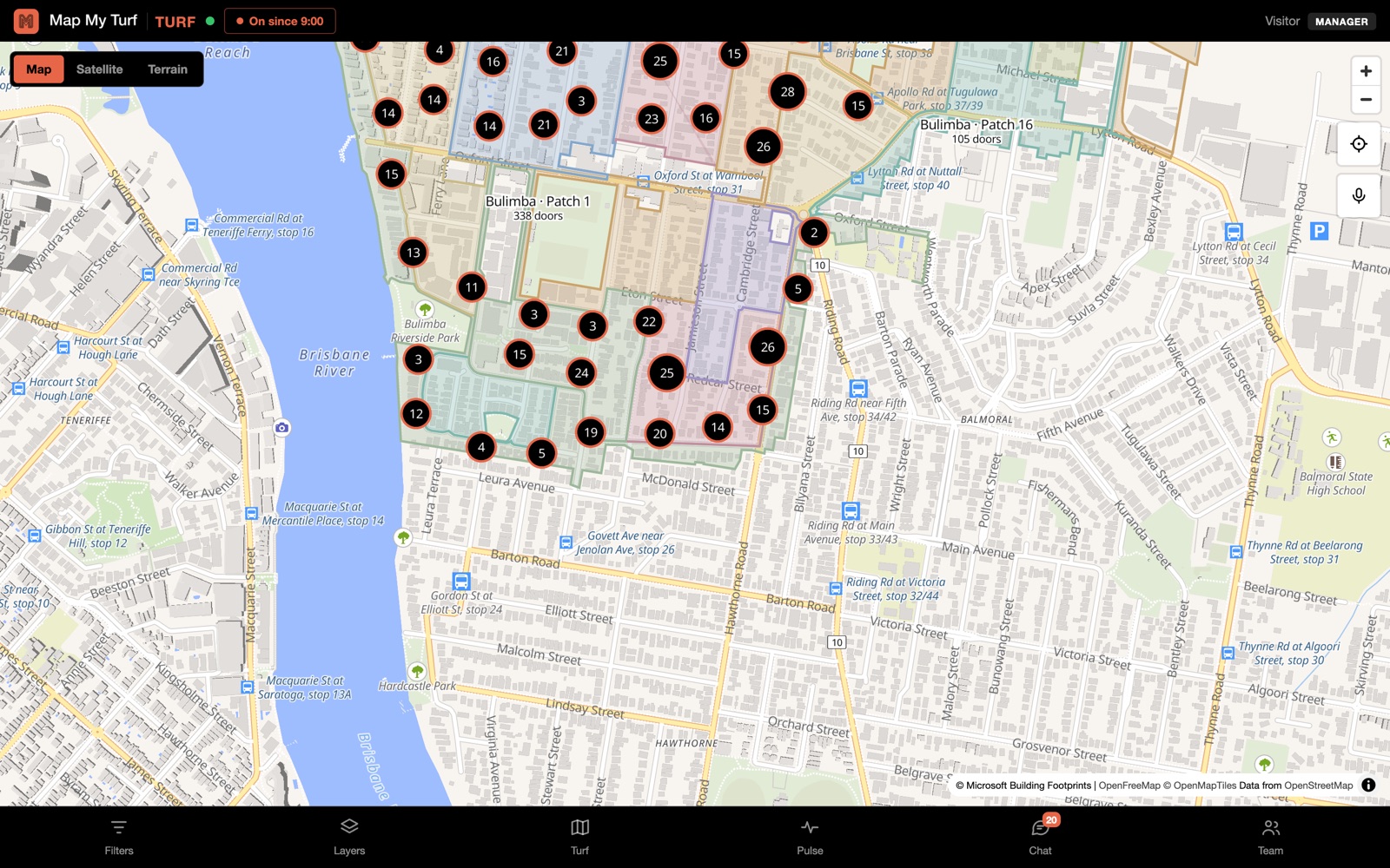 A suburb map cut into colour-outlined patches, each labelled with its door count, with logged knocks dotted along every street