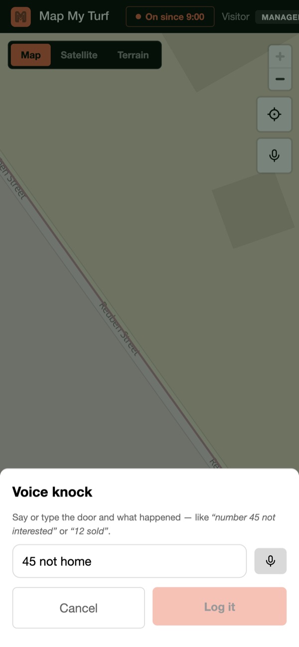 The voice logging sheet on a phone: the door and outcome typed or spoken, previewed as "45 not home" before it is logged