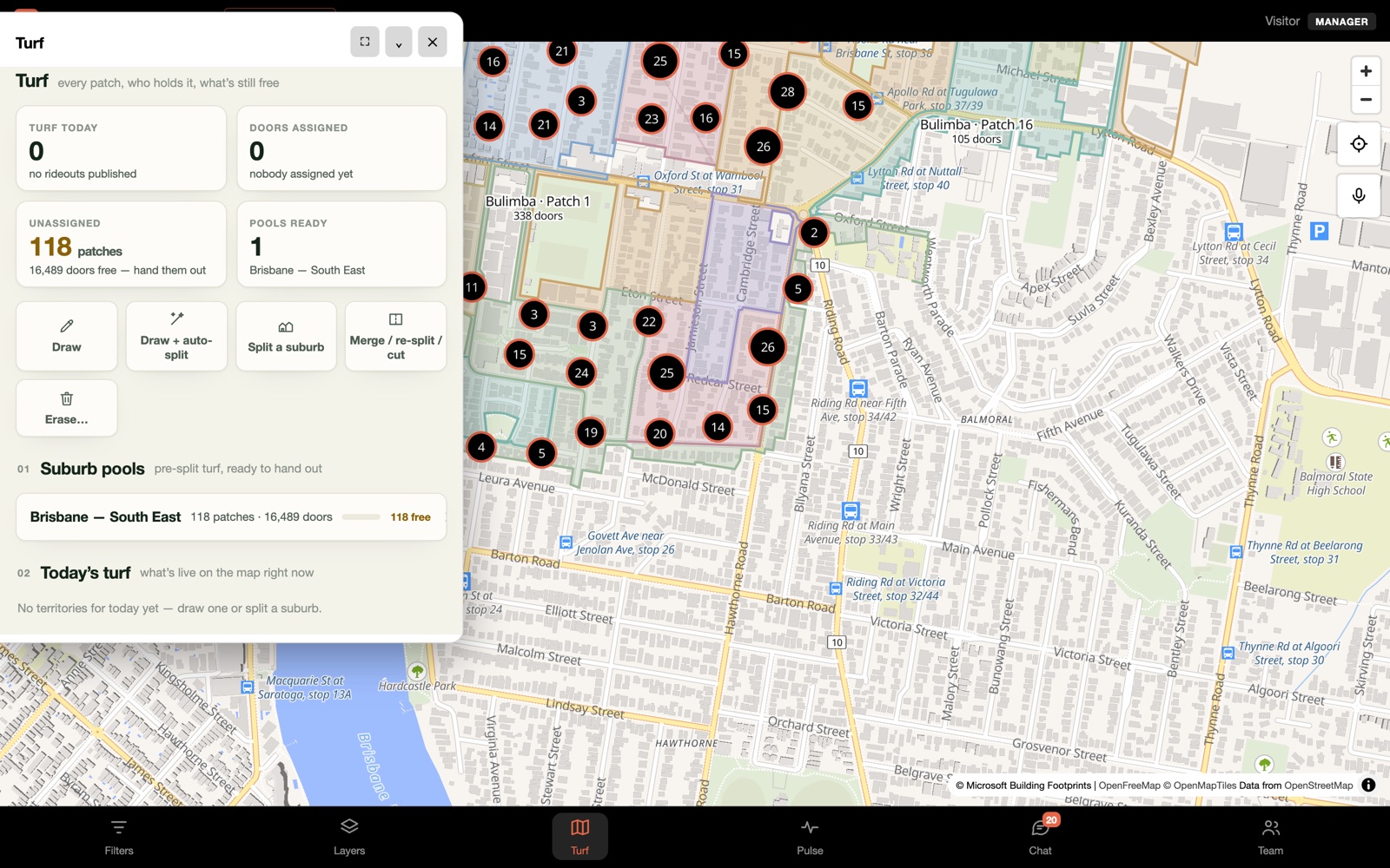 The Turf tab beside the map: the suburb pool listing every patch with its real door count, ready to hand out